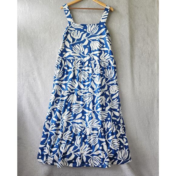 Sea Salt Organic Cotton Dress Womens Size 14 Large Floral Blue White Deep Water - Picture 2 of 9
